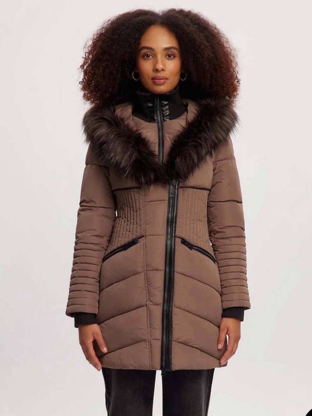 Noize Gigi Brown Mid Length Quilted Parka| S